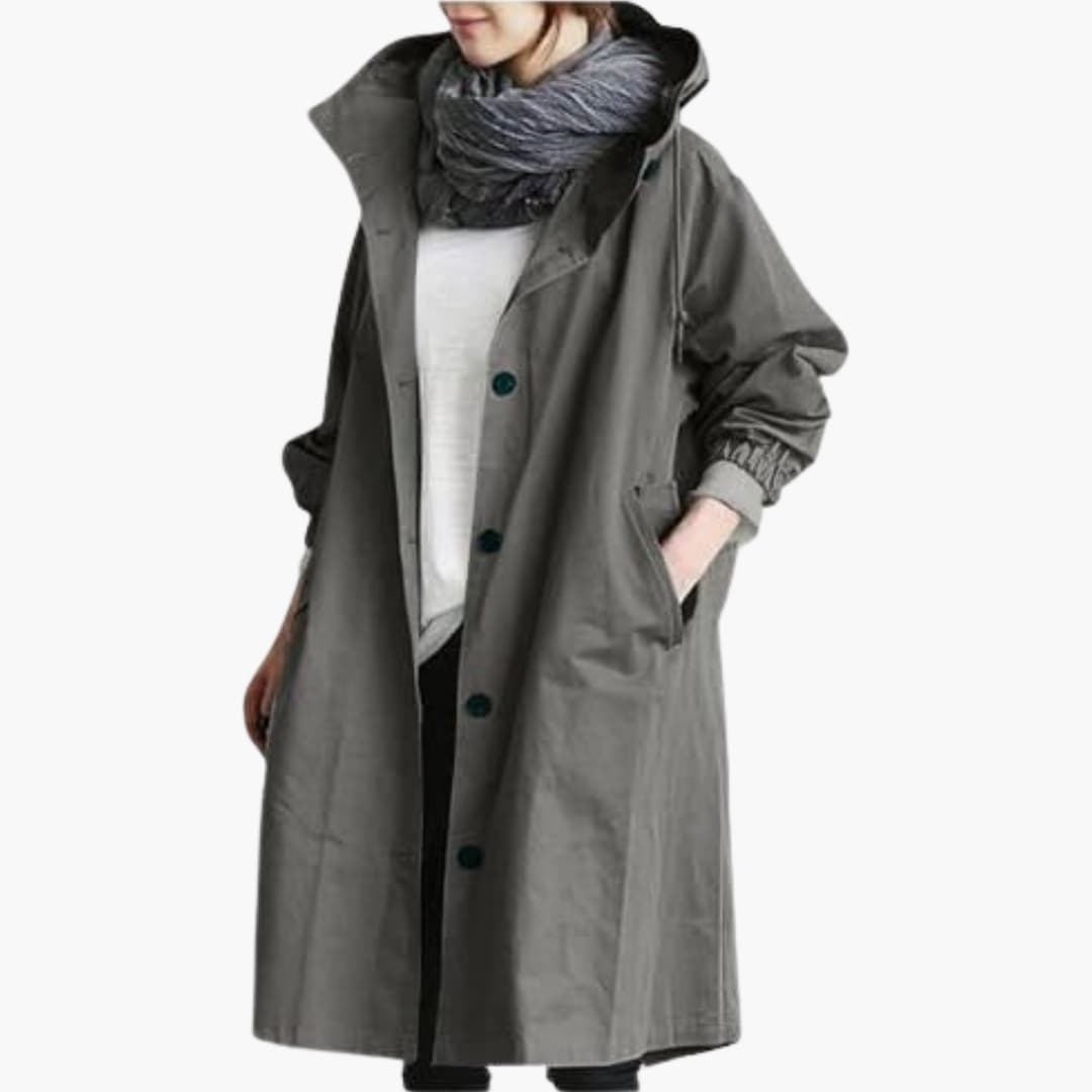 Manteau femme long à capuche avec fermeture boutonnée