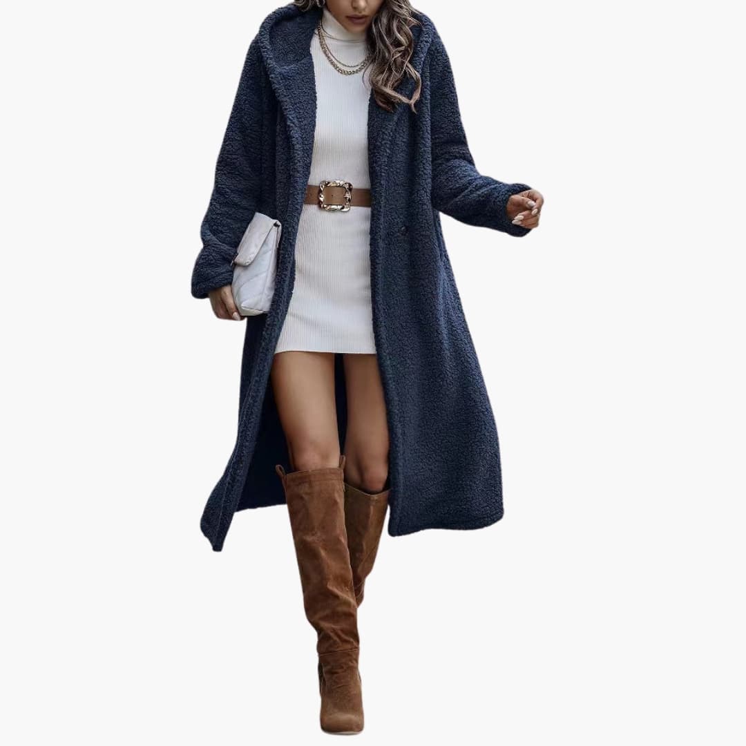 Manteau femme long en peluche teddy avec capuche et fermeture boutonnée