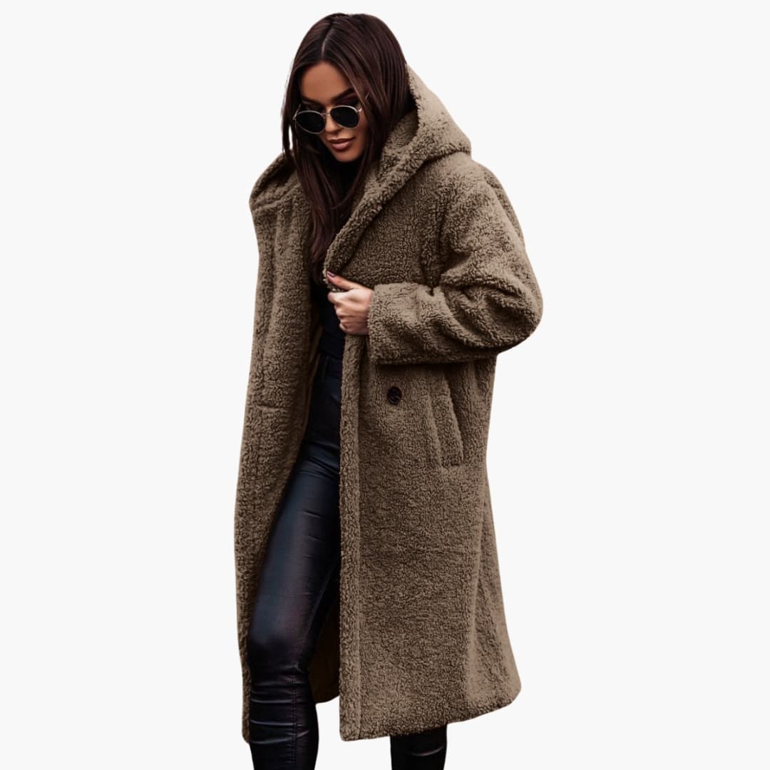 Manteau femme long en peluche teddy avec capuche et fermeture boutonnée