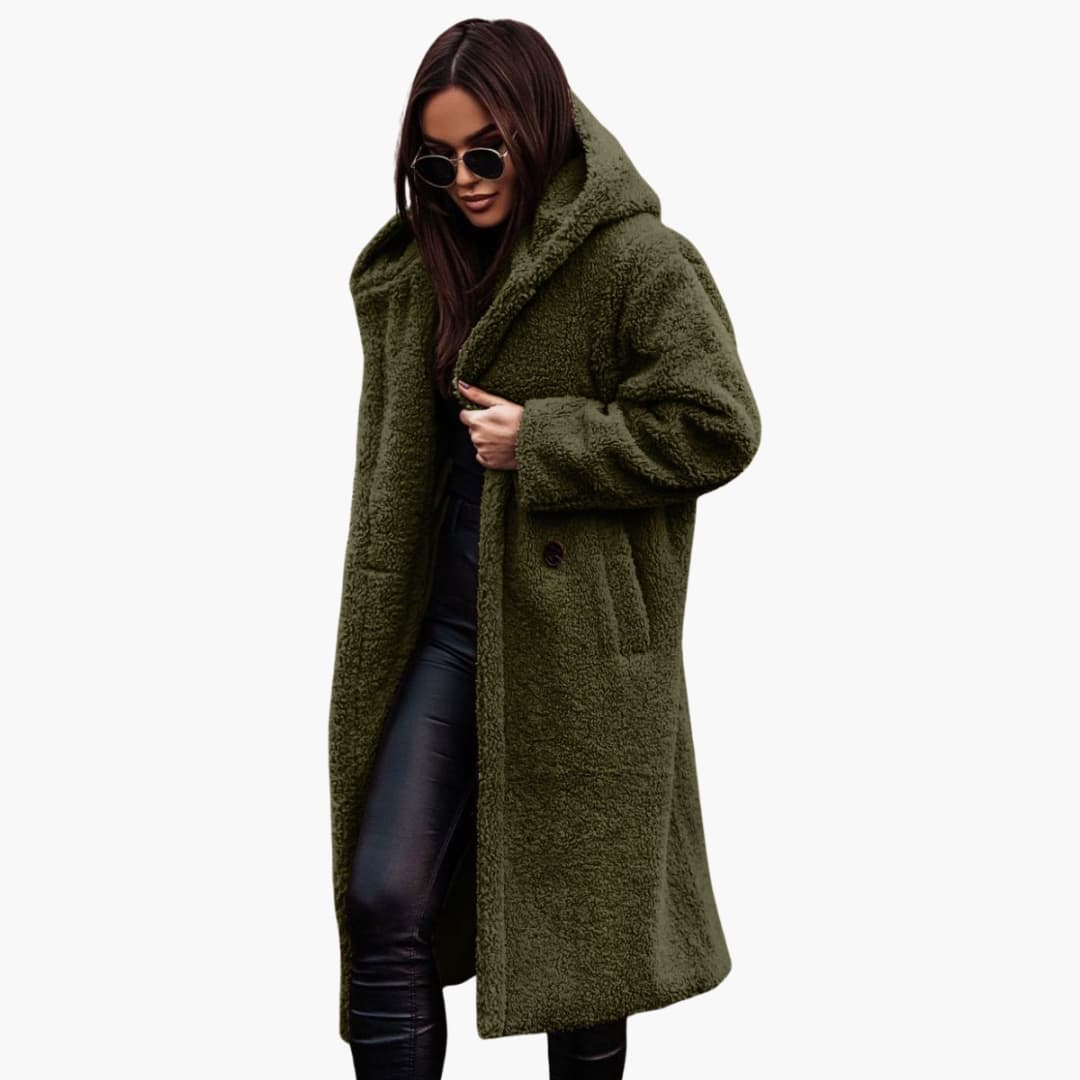 Manteau femme long en peluche teddy avec capuche et fermeture boutonnée