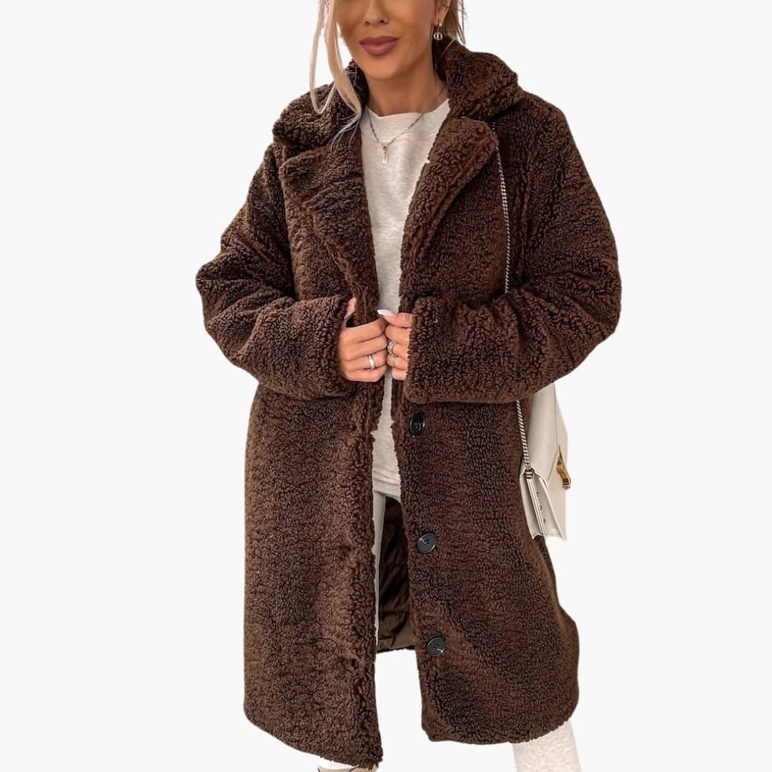 Manteau femme long en peluche teddy avec col large