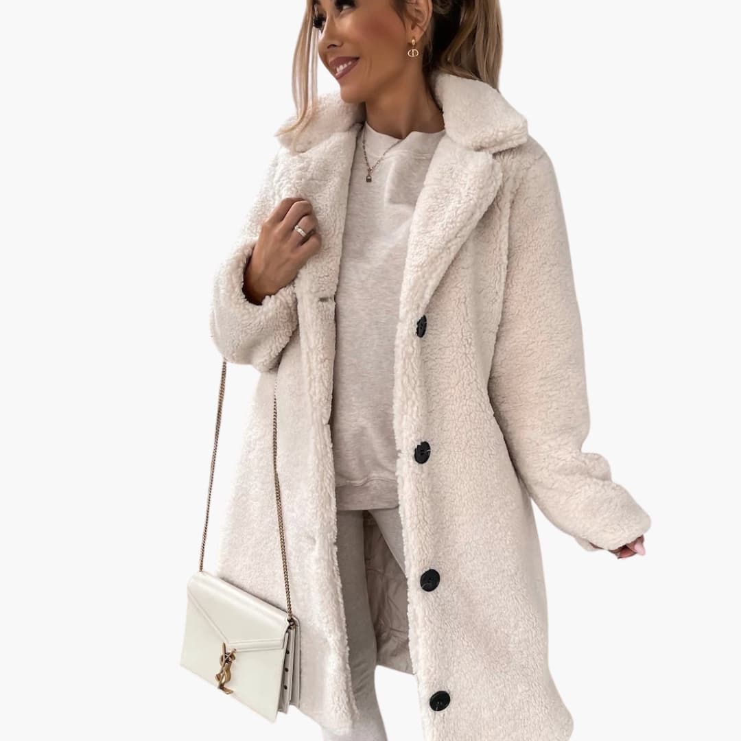 Manteau femme long en peluche teddy avec col large