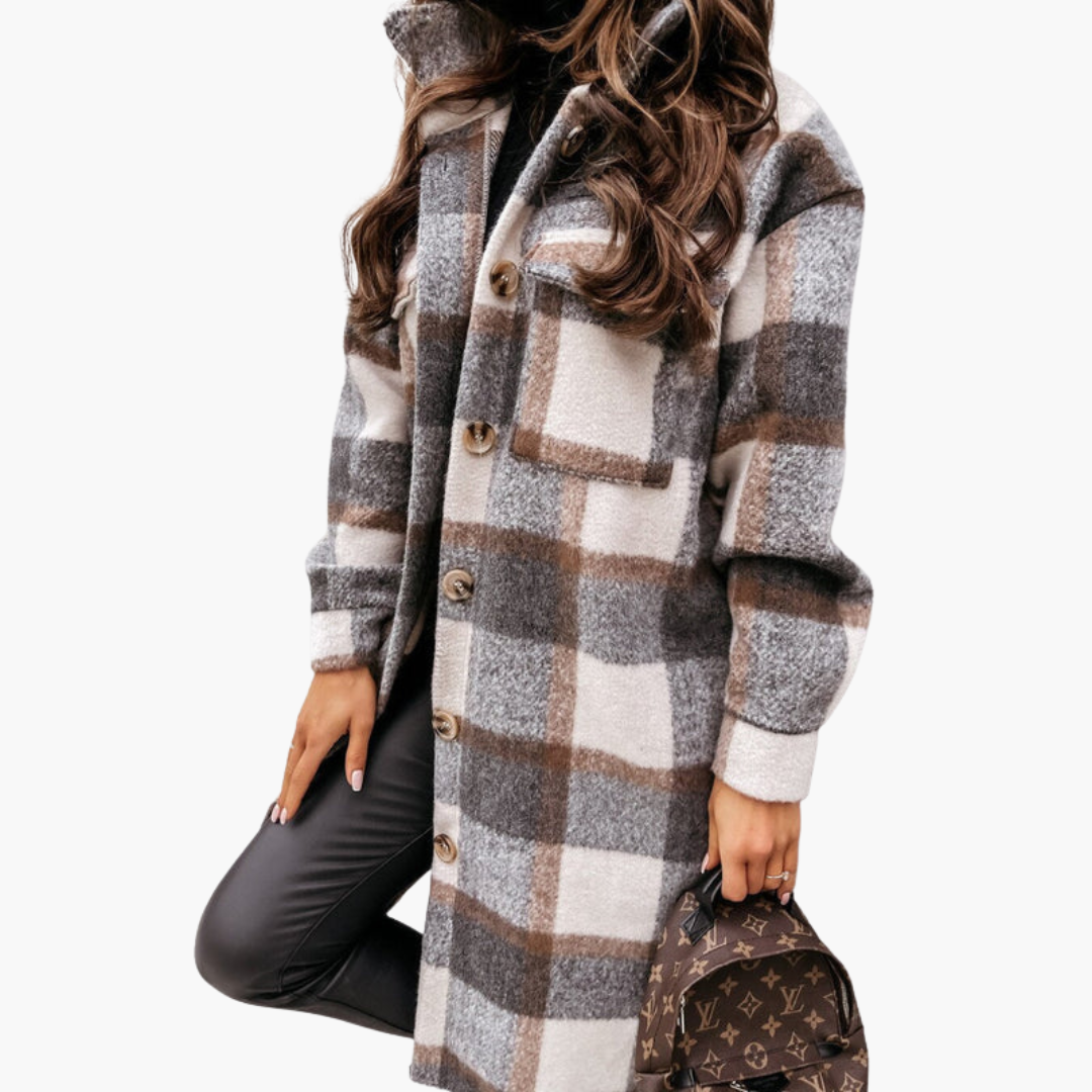 Cappotto lungo a quadri da donna con chiusura a bottoni e tasche anteriori