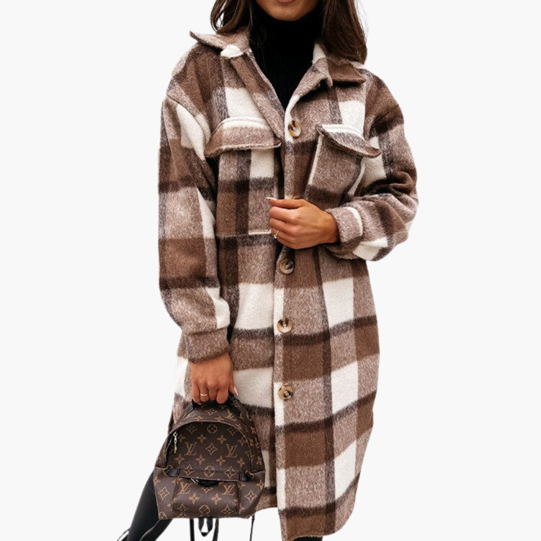 Cappotto lungo a quadri da donna con chiusura a bottoni e tasche anteriori