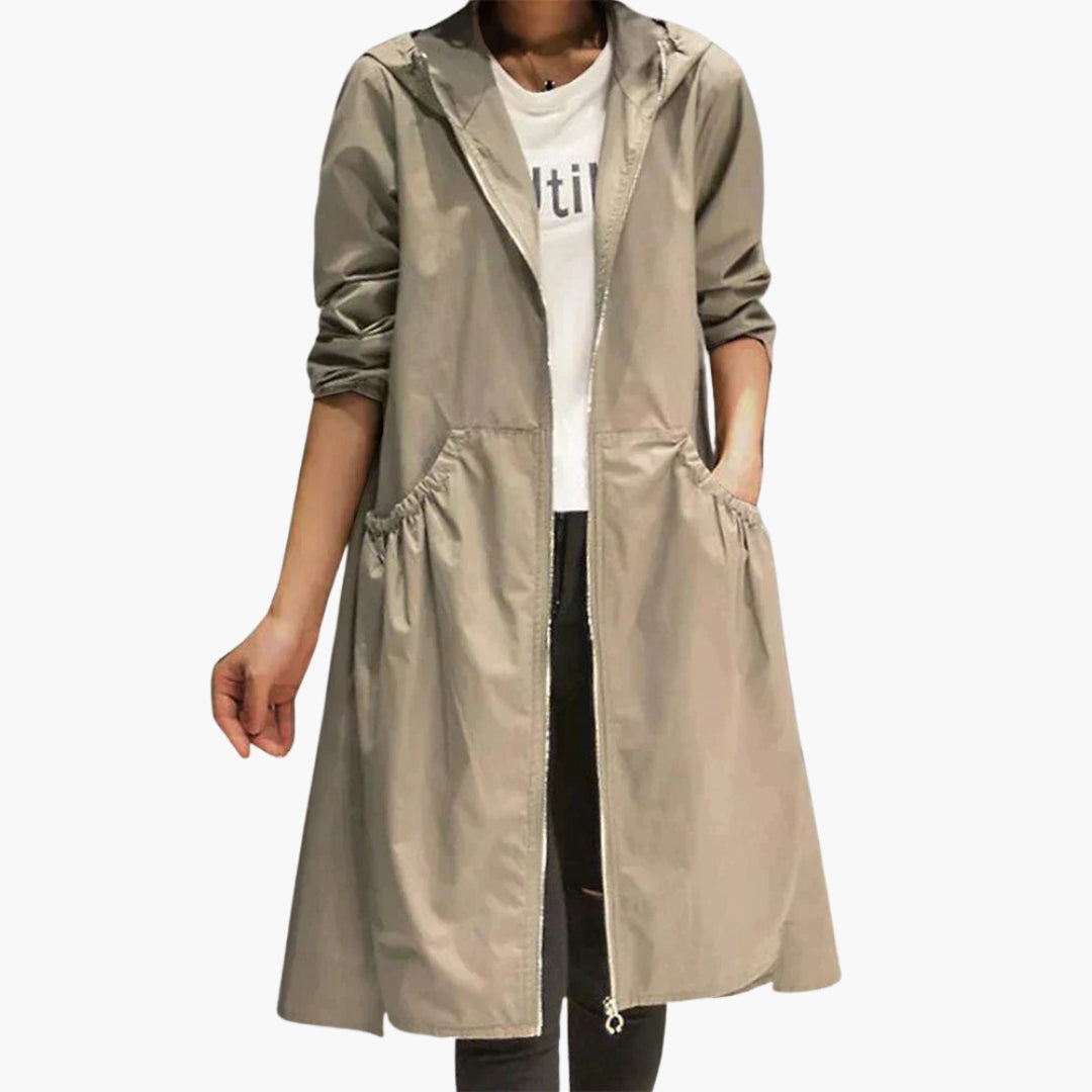 Manteau long femme à capuche avec fermeture zippée