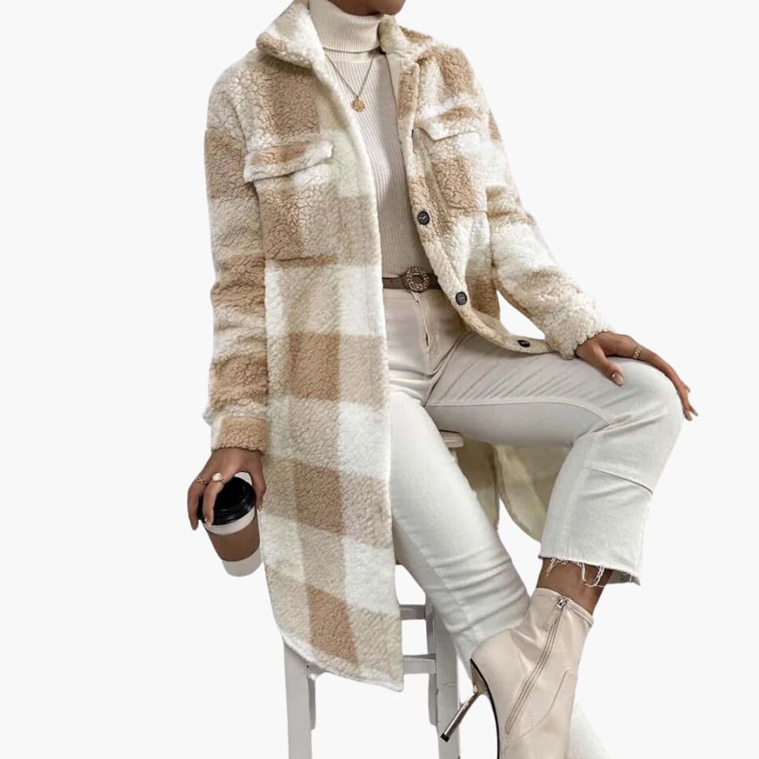 Manteau long femme à carreaux avec poches avant