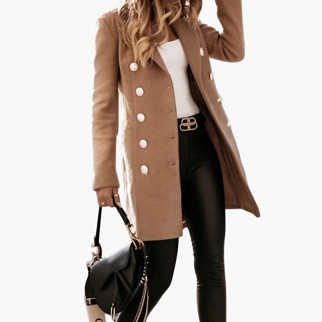 Manteau long femme à double boutonnage et col à revers