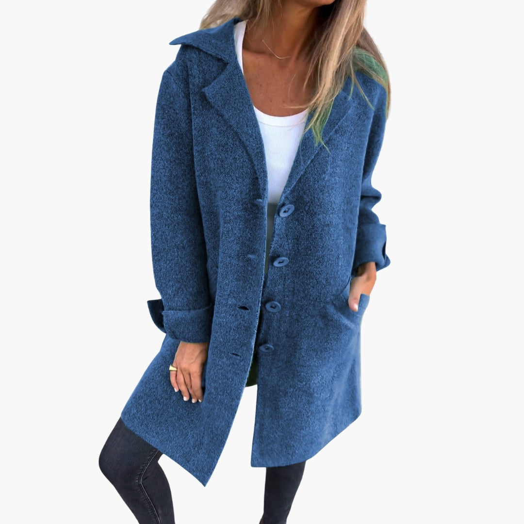 Women's long coat with lapel collar and button closure