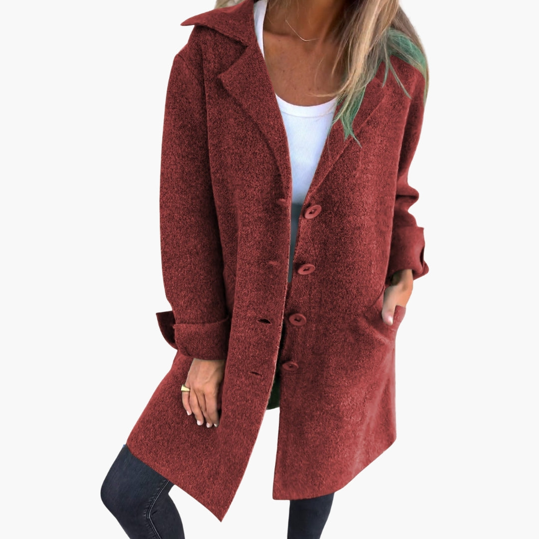 Women's long coat with lapel collar and button closure