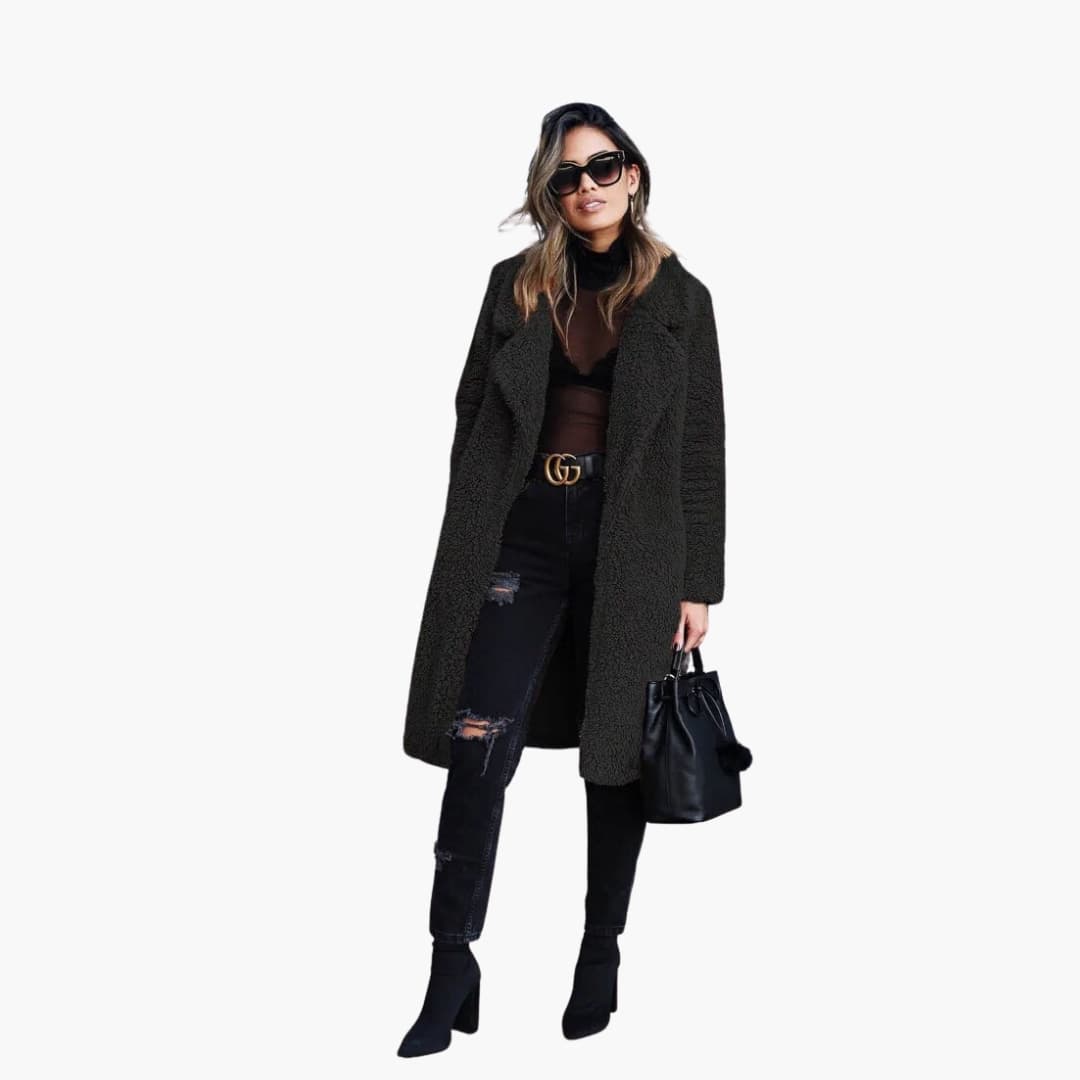 Long women's coat with lapel collar and plush surface