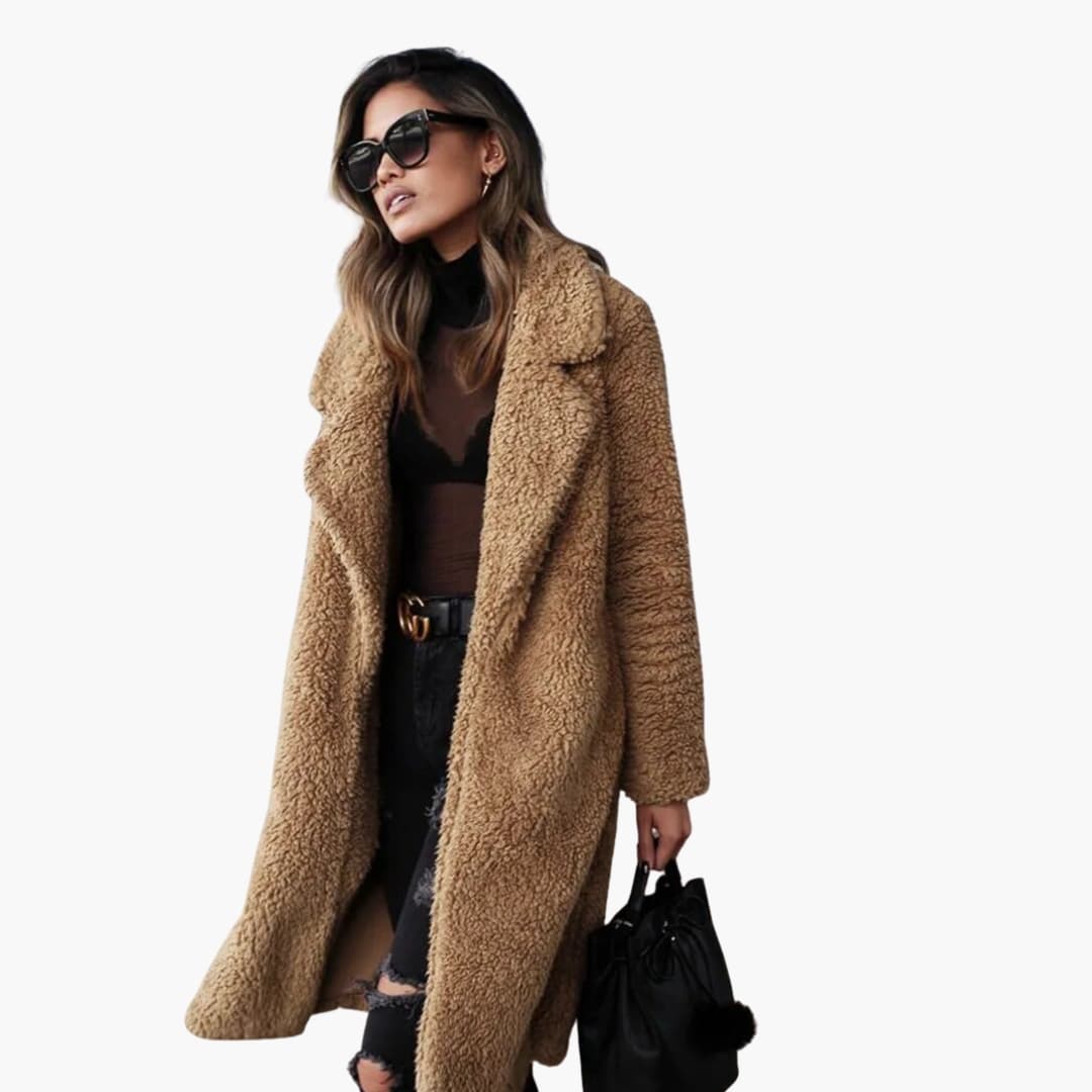 Manteau long femme avec col à revers et surface pelucheuse