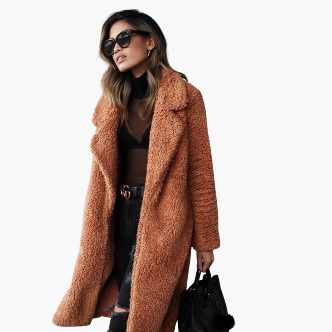 Long women's coat with lapel collar and plush surface