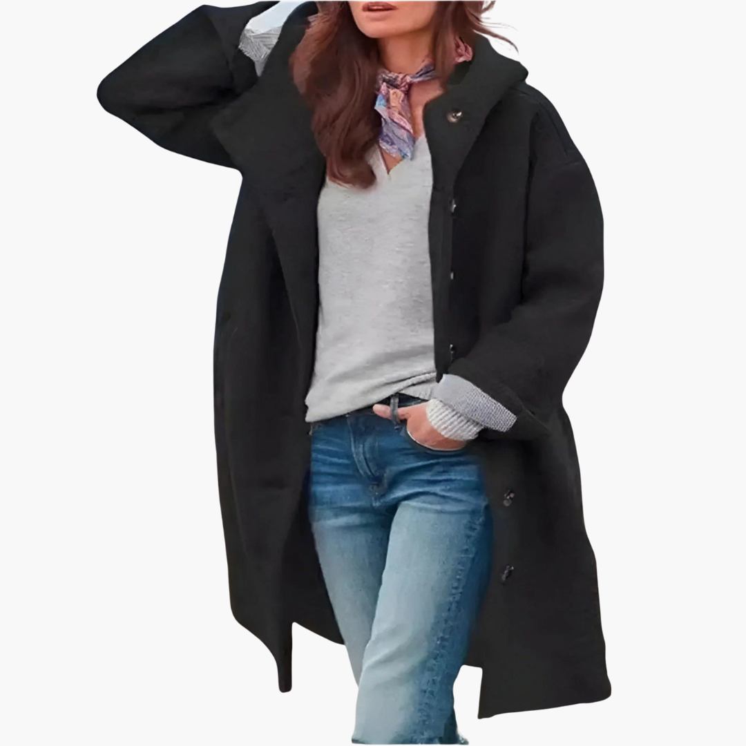 Cappotto lungo da donna con chiusura a bottoni e polsini risvoltati