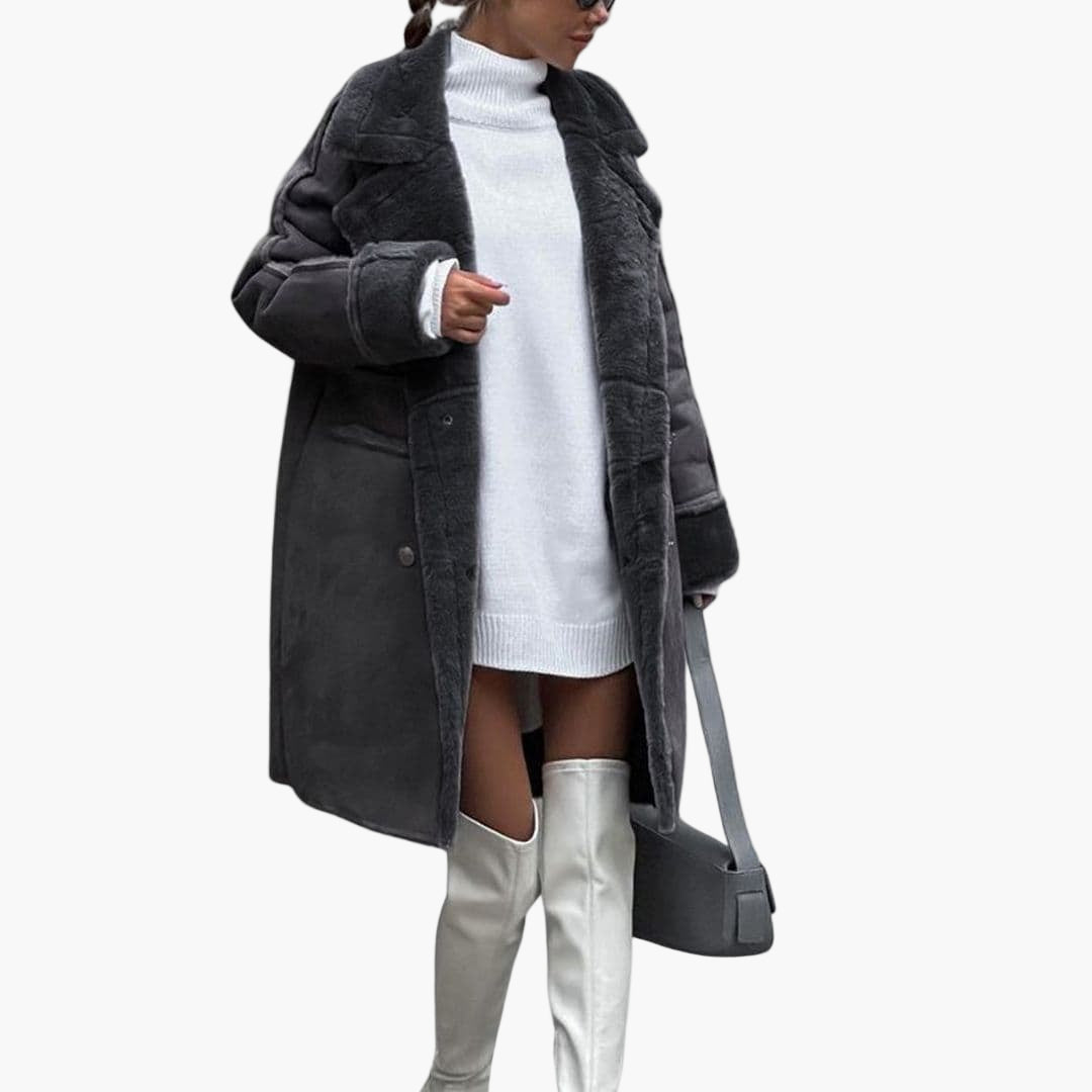 Manteau long femme en matière peluche avec col à revers