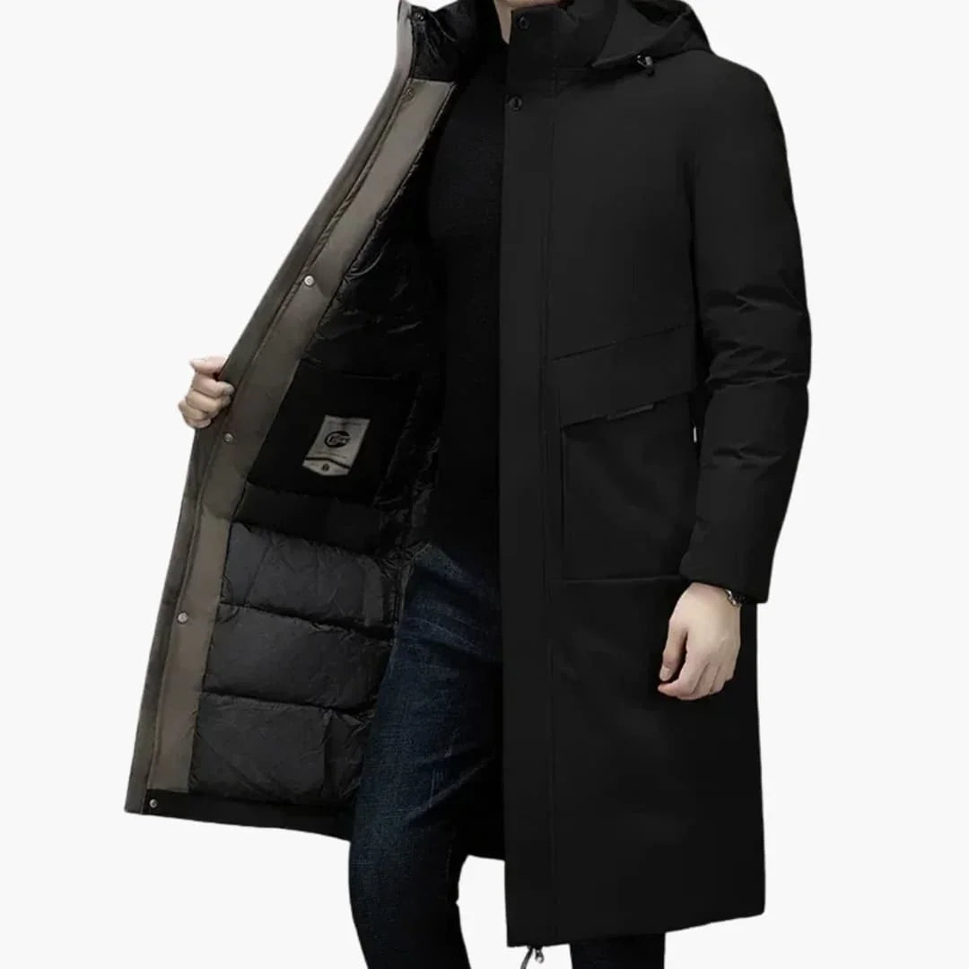 Manteau long homme avec capuche et fermeture frontale