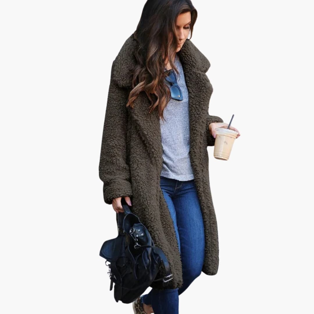 Manteau teddy long femme avec col à revers et coupe oversize