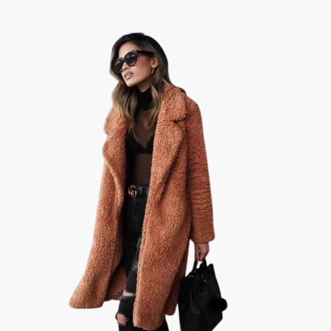 Manteau teddy long femme avec col à revers et coupe oversize
