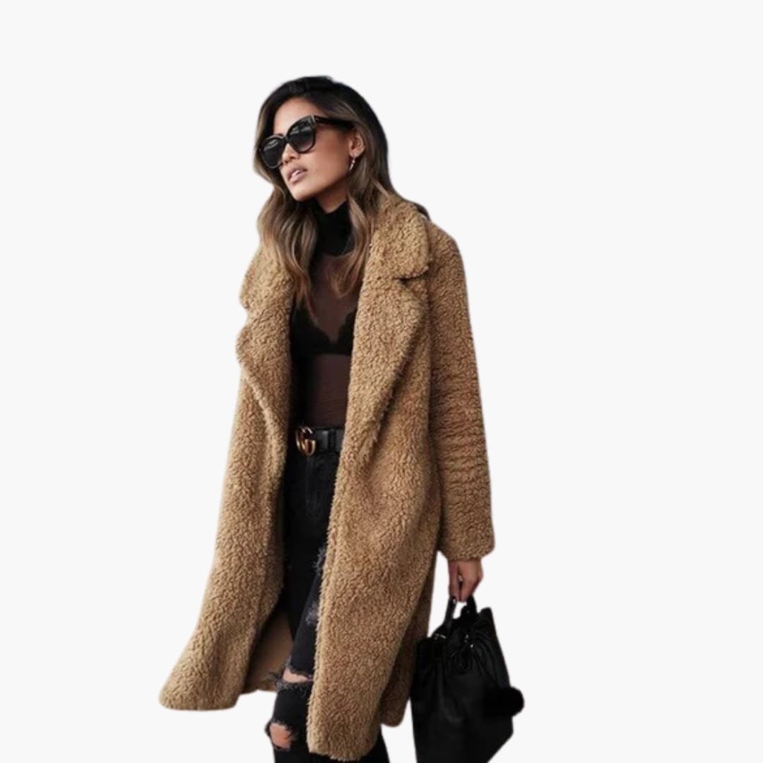 Manteau teddy long femme avec col à revers et coupe oversize
