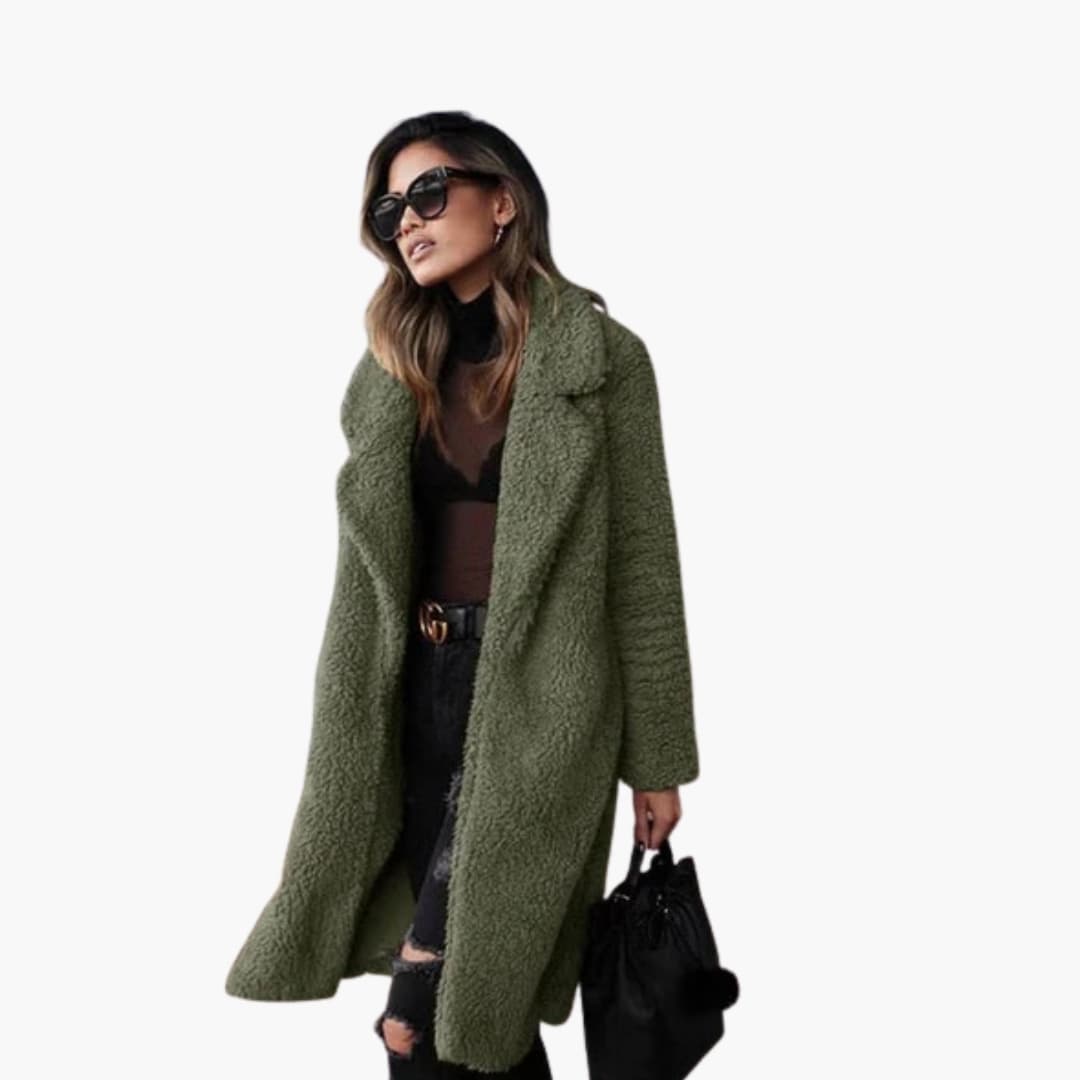 Manteau teddy long femme avec col à revers et coupe oversize