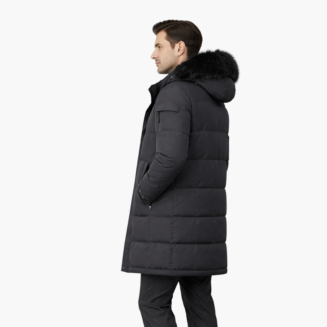 Long parka for men with hood and quilted surface