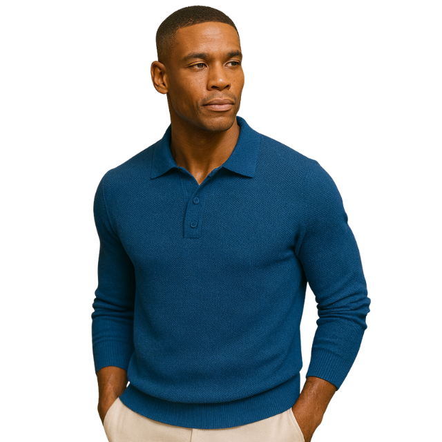 Polo homme manches longues | Col boutonné, coupe droite respirante | Idéal mi saison, style casual ou bureau