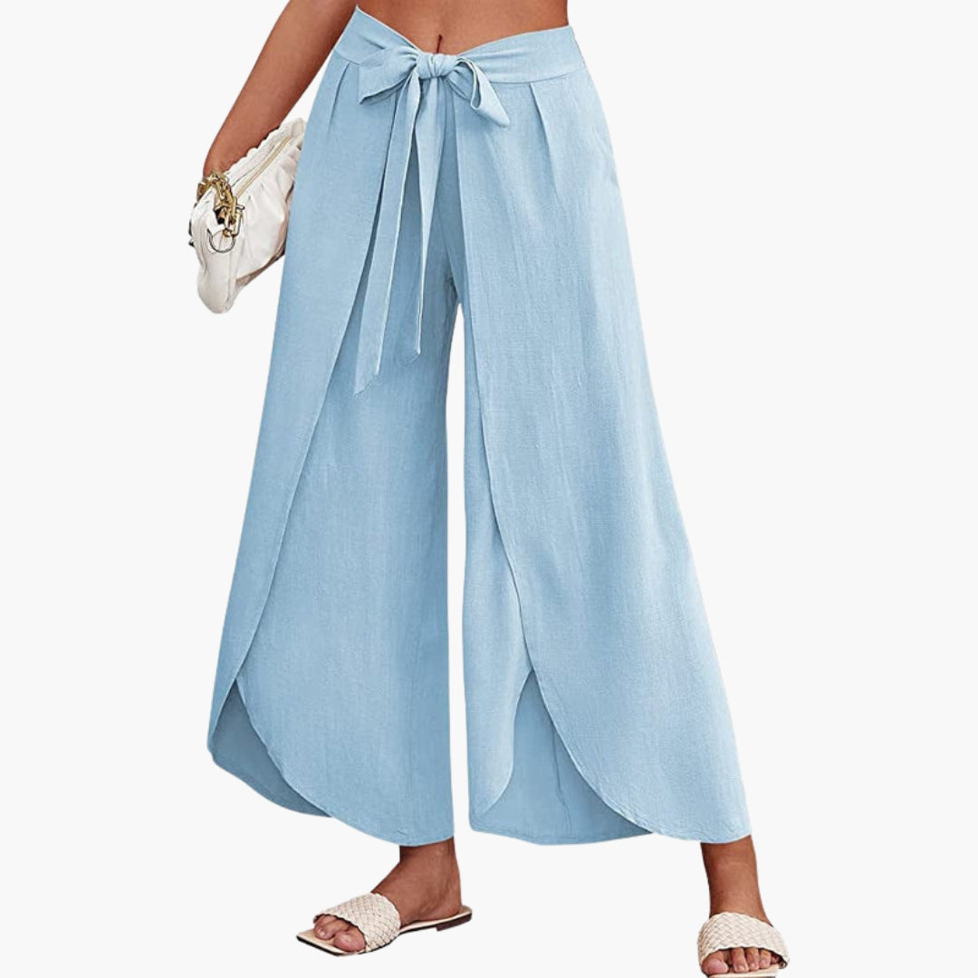 Women's Trousers with Tie Belt and Plain Surface
