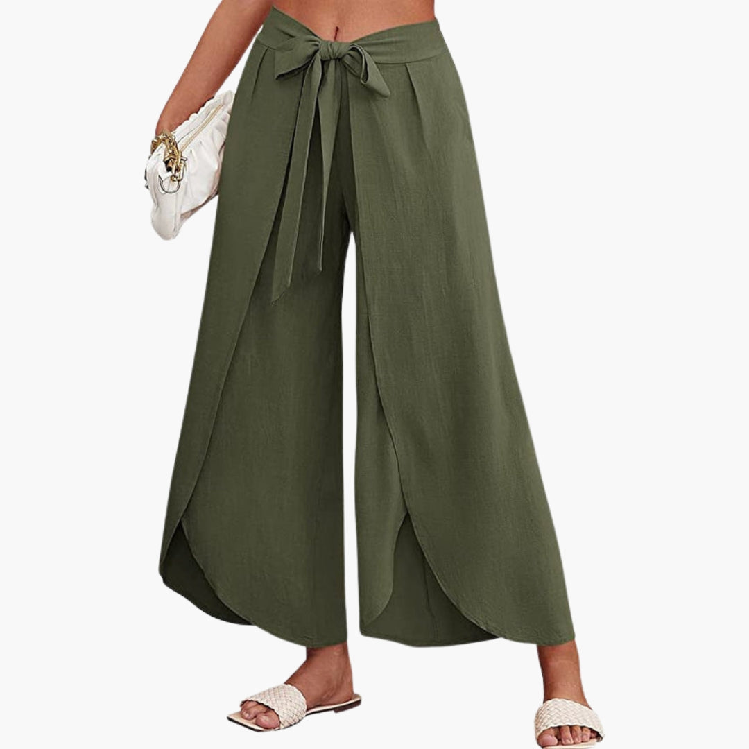 Women's Trousers with Tie Belt and Plain Surface