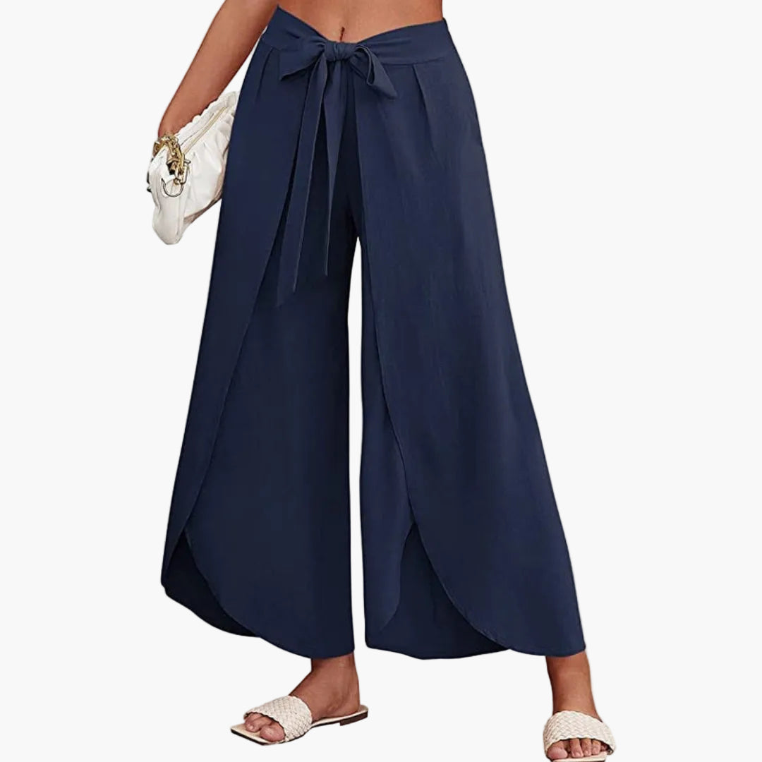 Women's Trousers with Tie Belt and Plain Surface