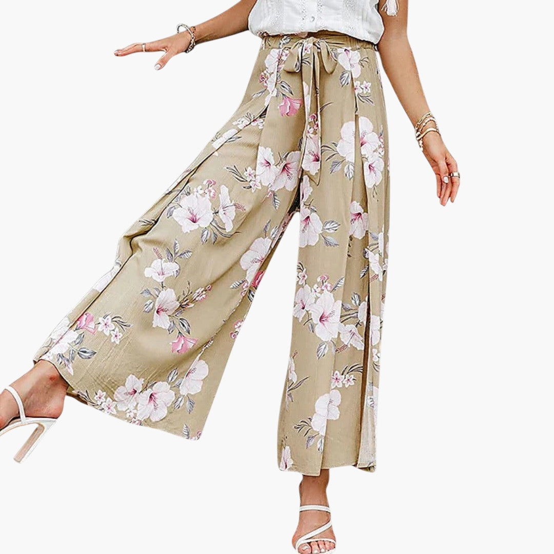 Women's Palazzo Pants with Elastic Waist and Floral Pattern