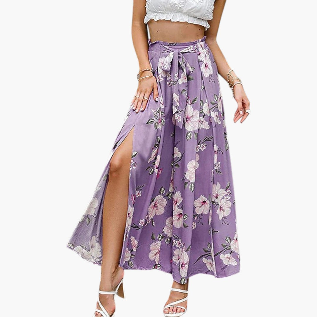 Women's Palazzo Pants with Elastic Waist and Floral Pattern