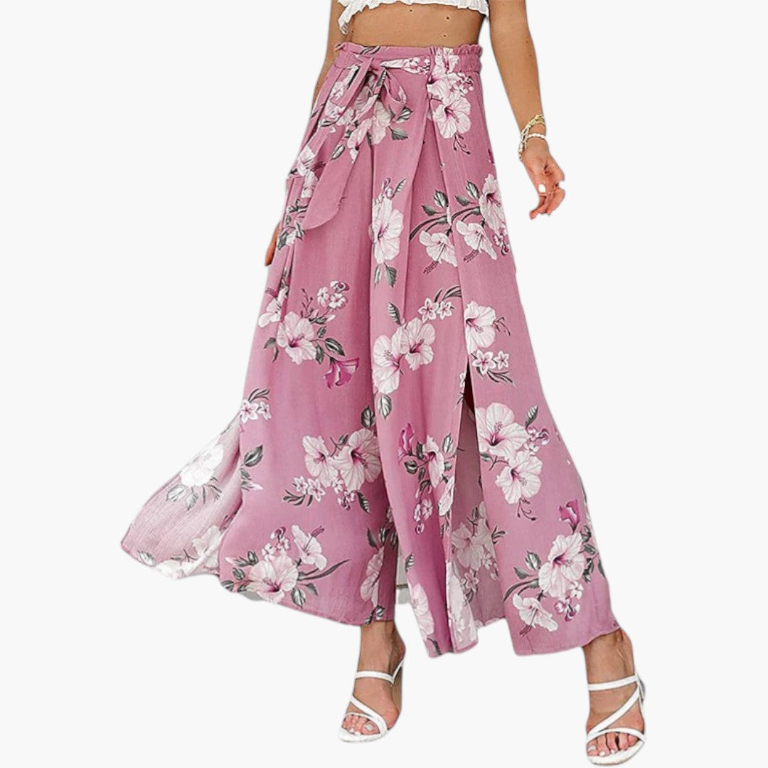 Women's Palazzo Pants with Elastic Waist and Floral Pattern