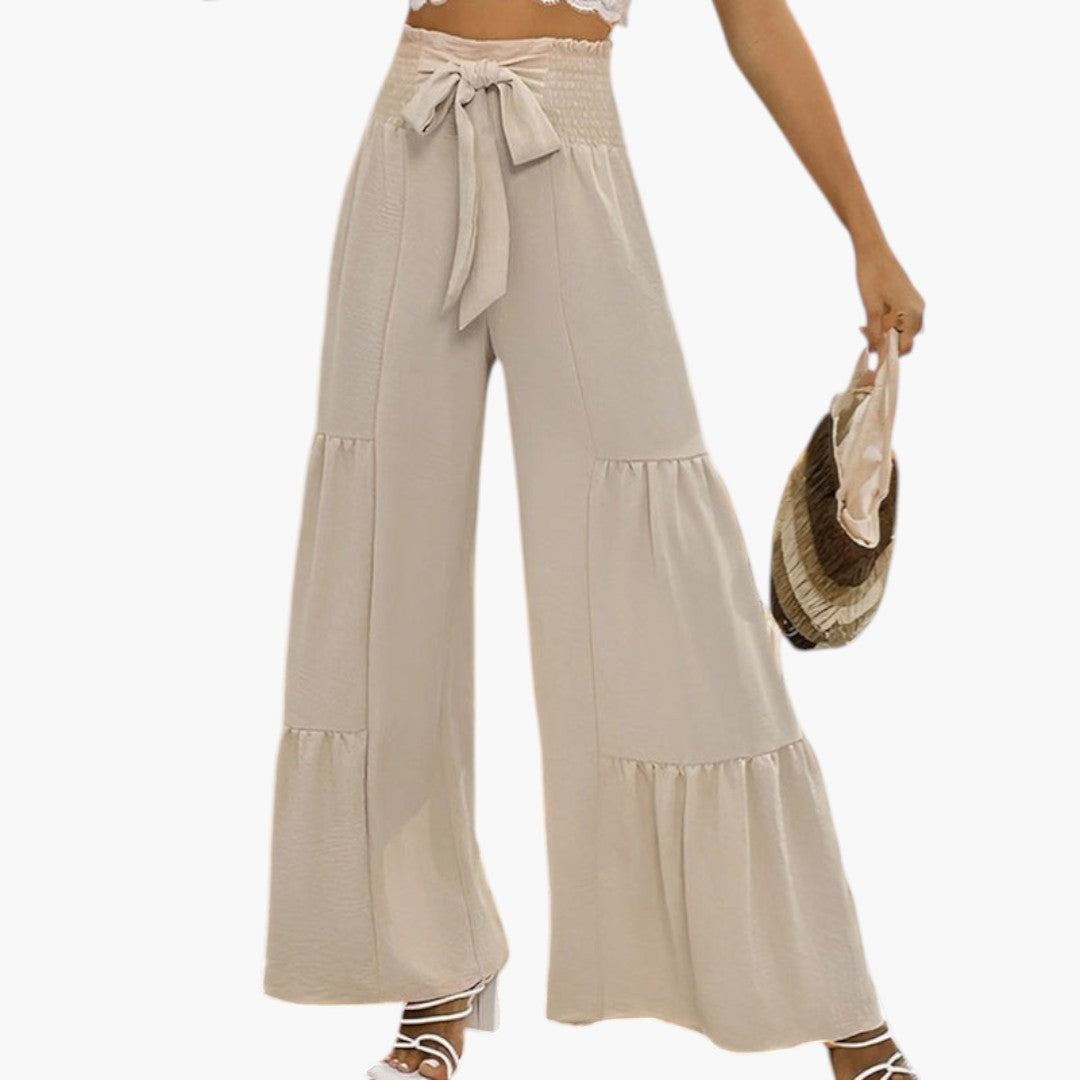 Women's Palazzo Pants with Belt and Ruffled Hem