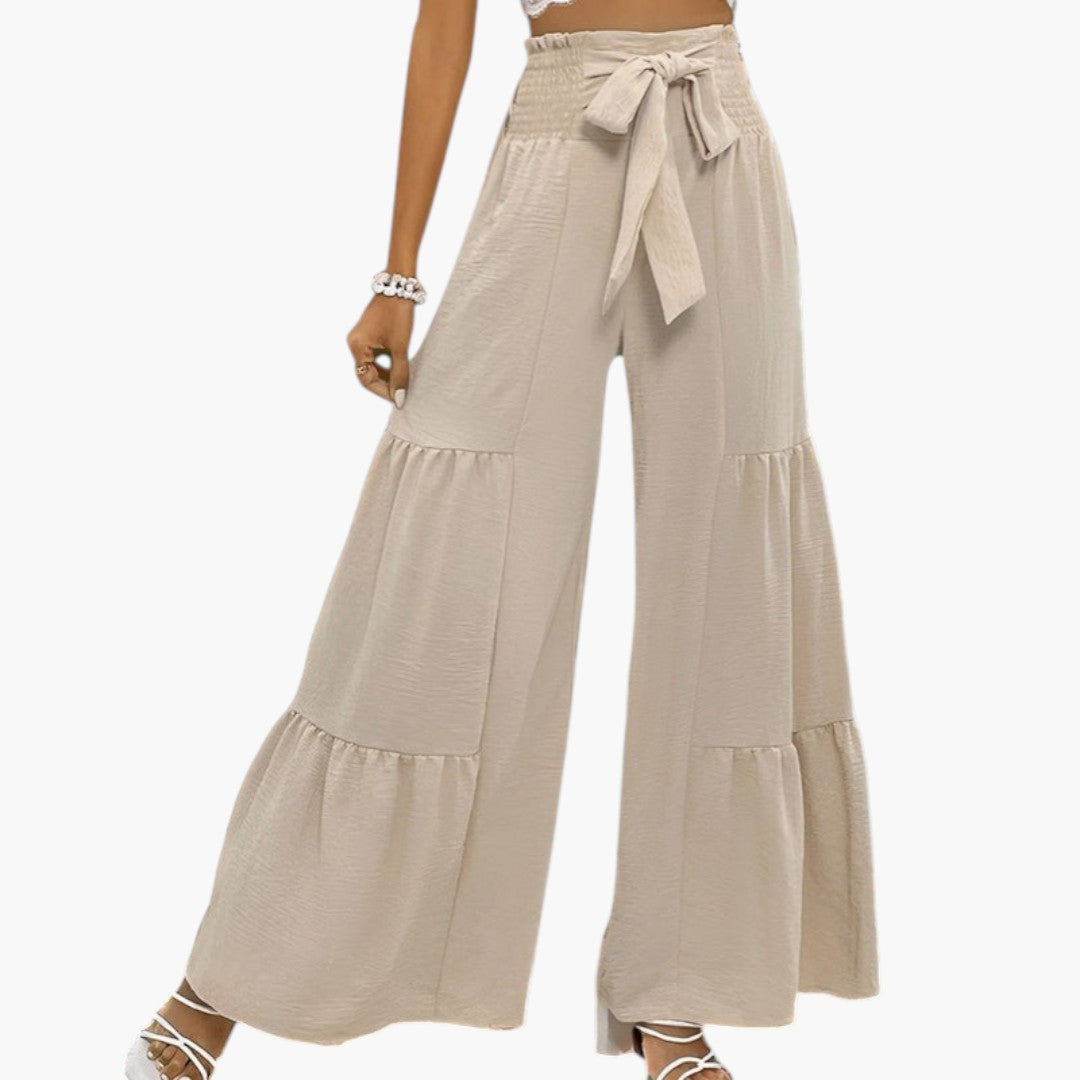 Women's Palazzo Pants with Belt and Ruffled Hem
