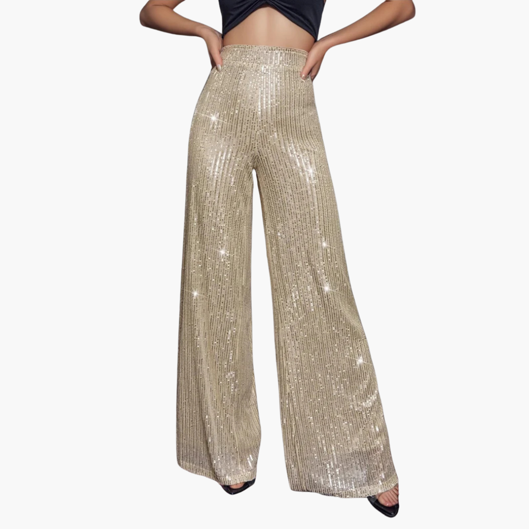 Pantalon per donna con bande paillettate e gambe larghe