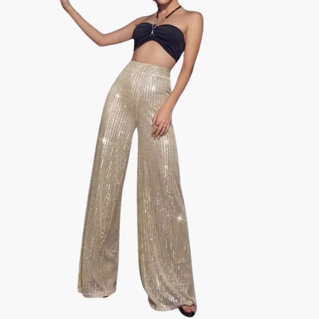 Pantalon per donna con bande paillettate e gambe larghe