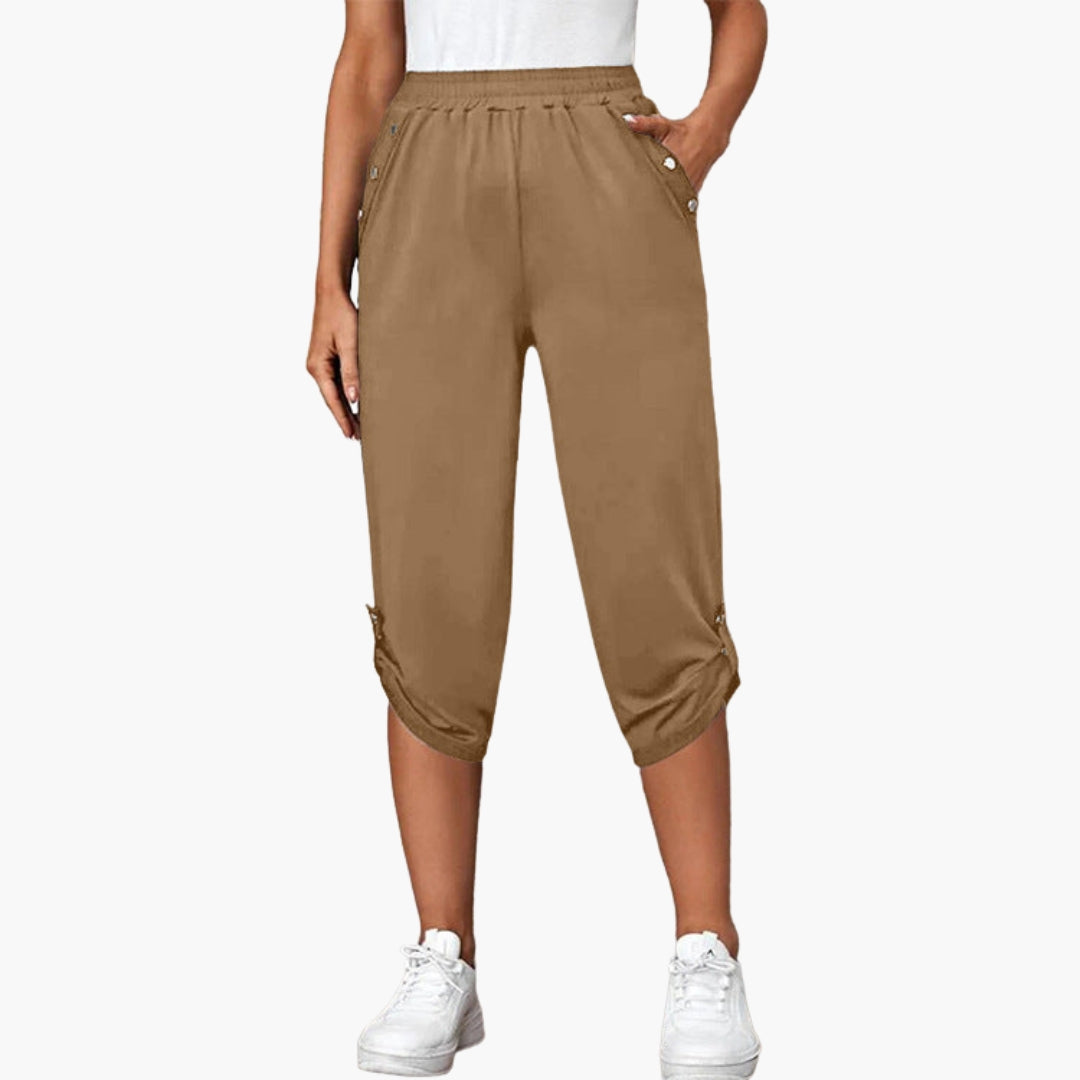 Pantaloni capri in jersey da donna con bottoni e tasche