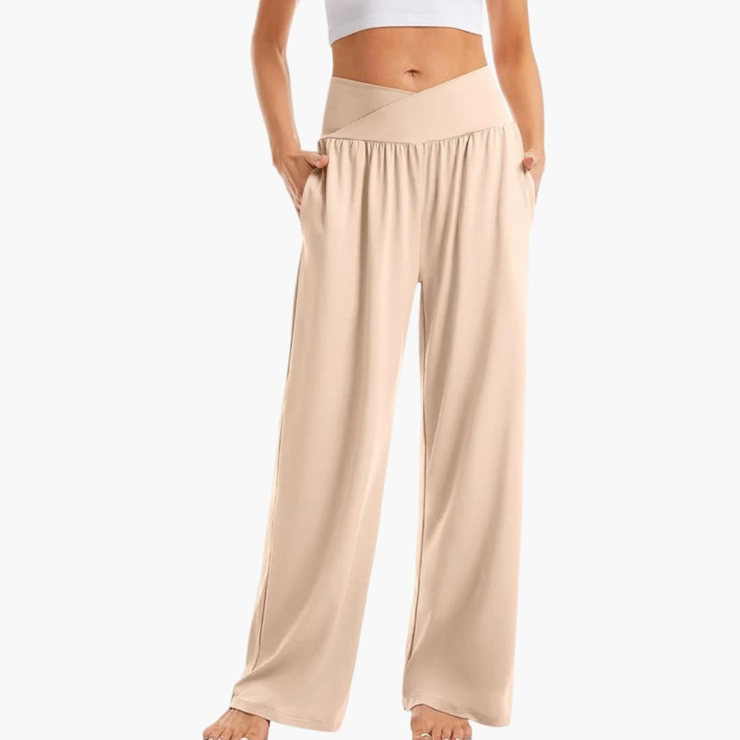 Pantalon femme à jambes larges avec poches latérales et taille élastique