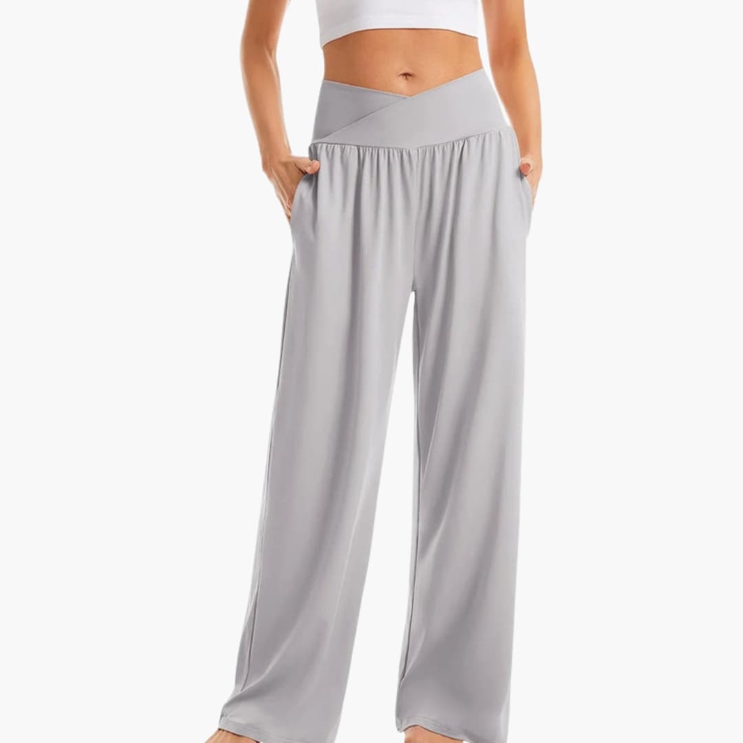 Pantalon femme à jambes larges avec poches latérales et taille élastique