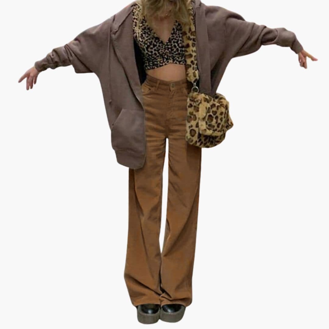 Pantalon femme en velours côtelé taille haute et jambe large