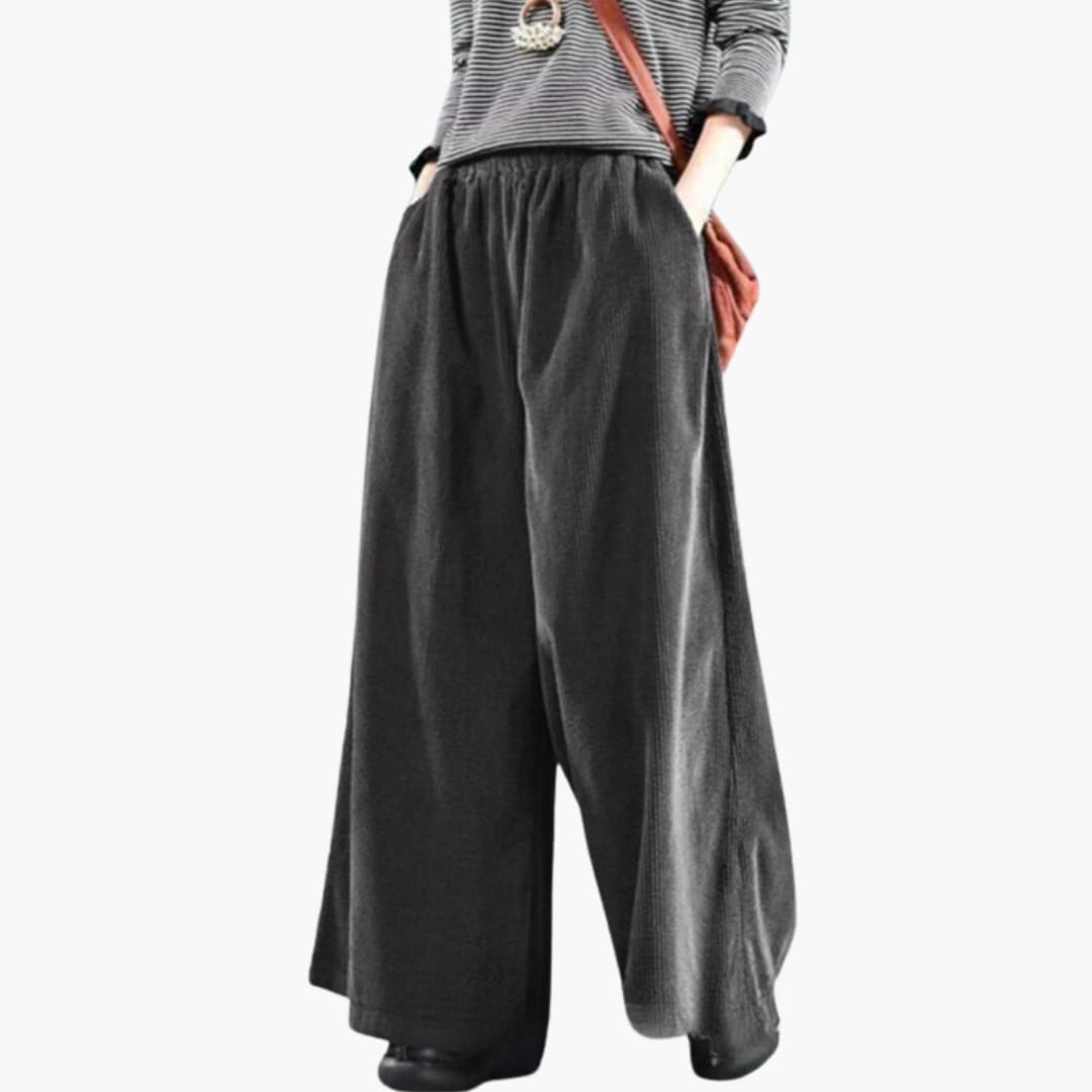 Pantalon femme en velours côtelé vintage à jambe large avec taille élastique