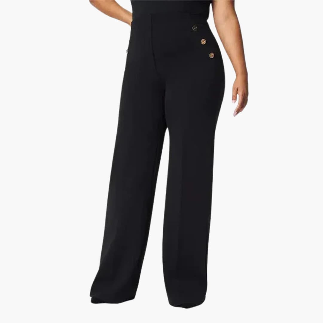 Pantalon femme taille haute à jambes larges et boutons décoratifs