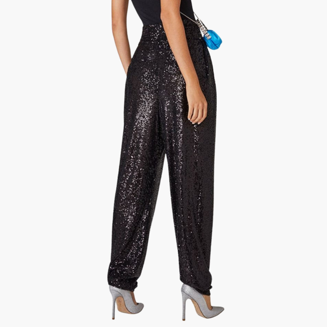 Women's high-waisted pants with a glittery surface