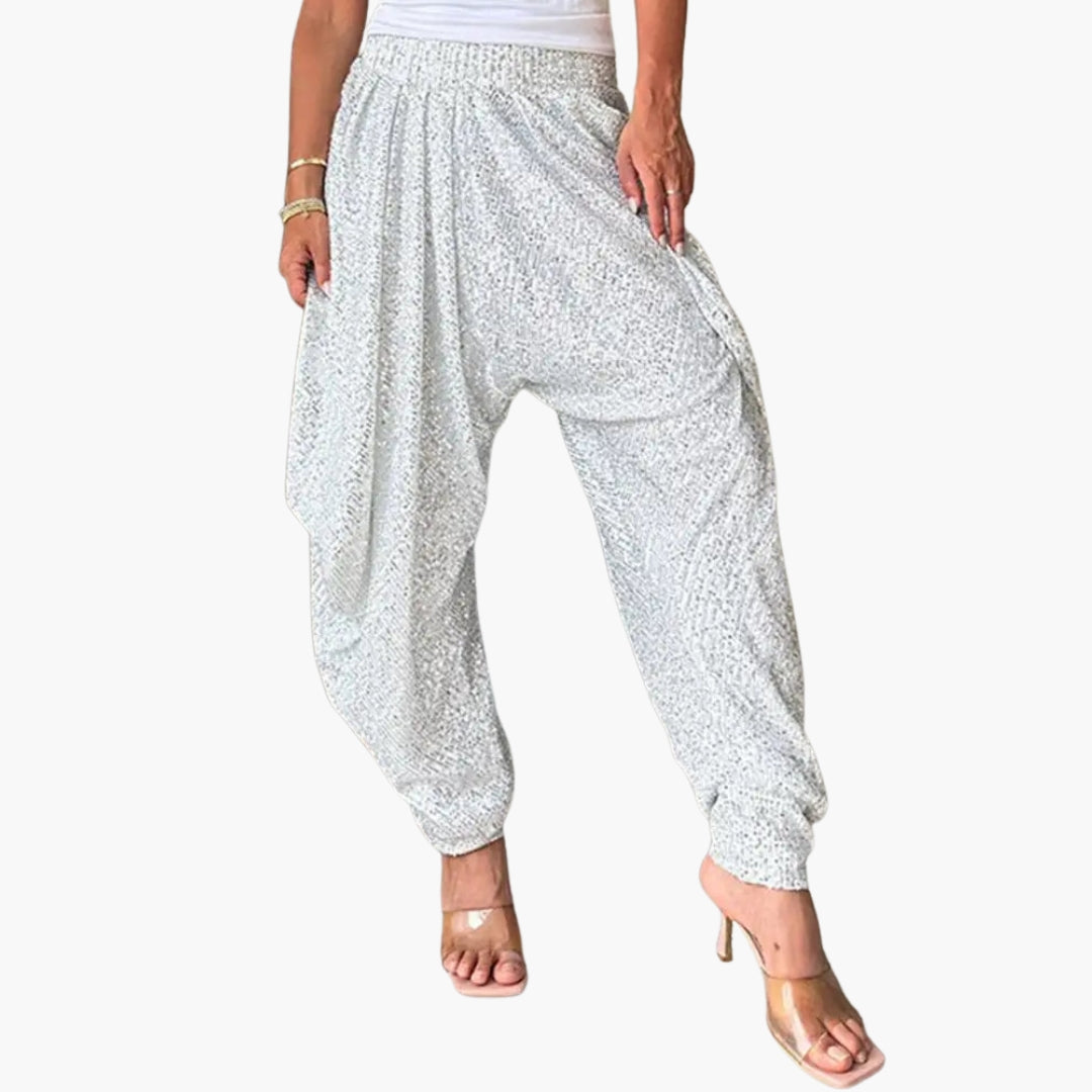 Pantalon femme taille haute a surface pailletée