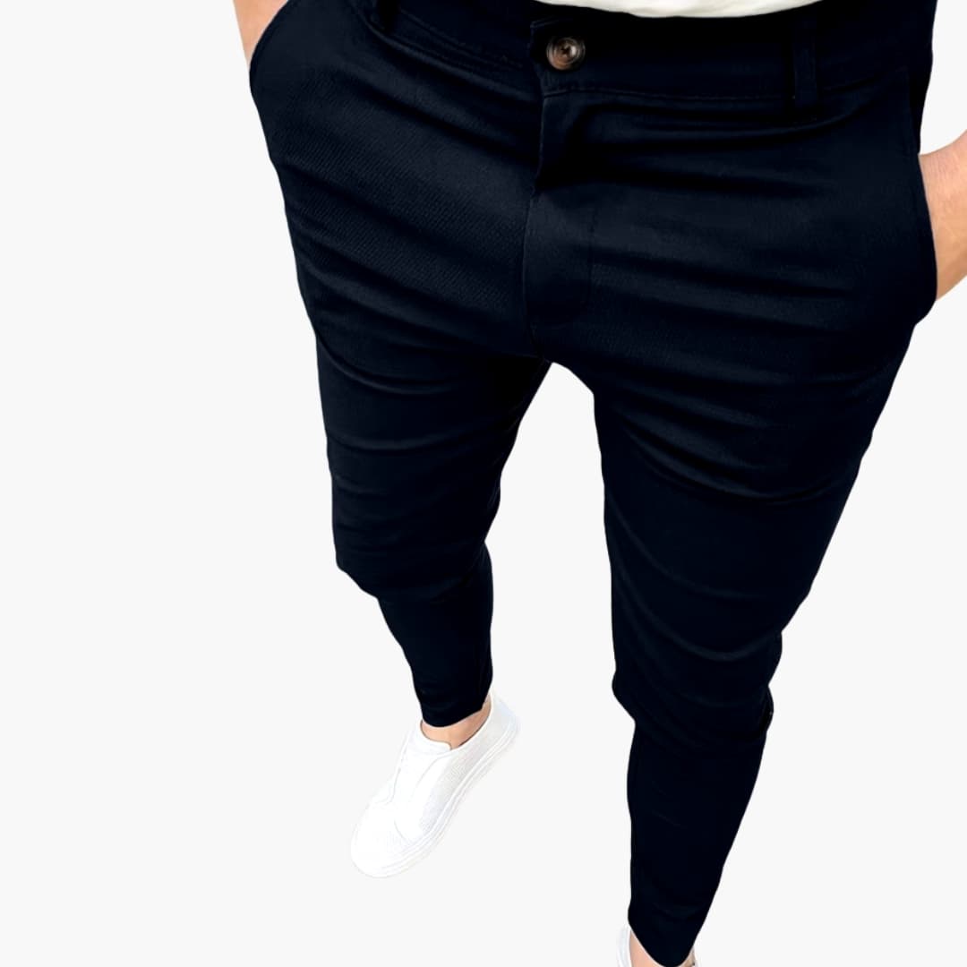 Herrebukser til forretning med elastisk talje og lige ben