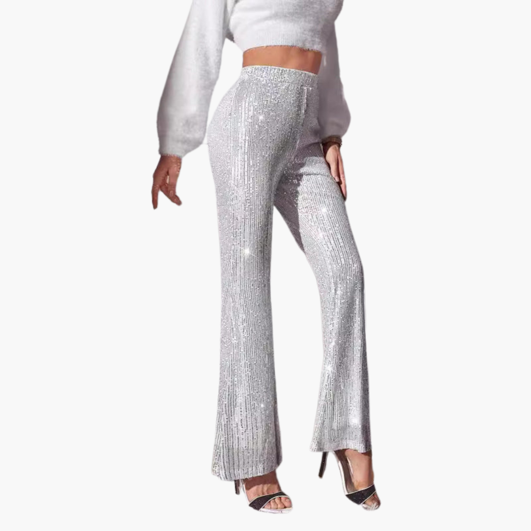Pantalon largo donna a vita alta con superficie a paillettes