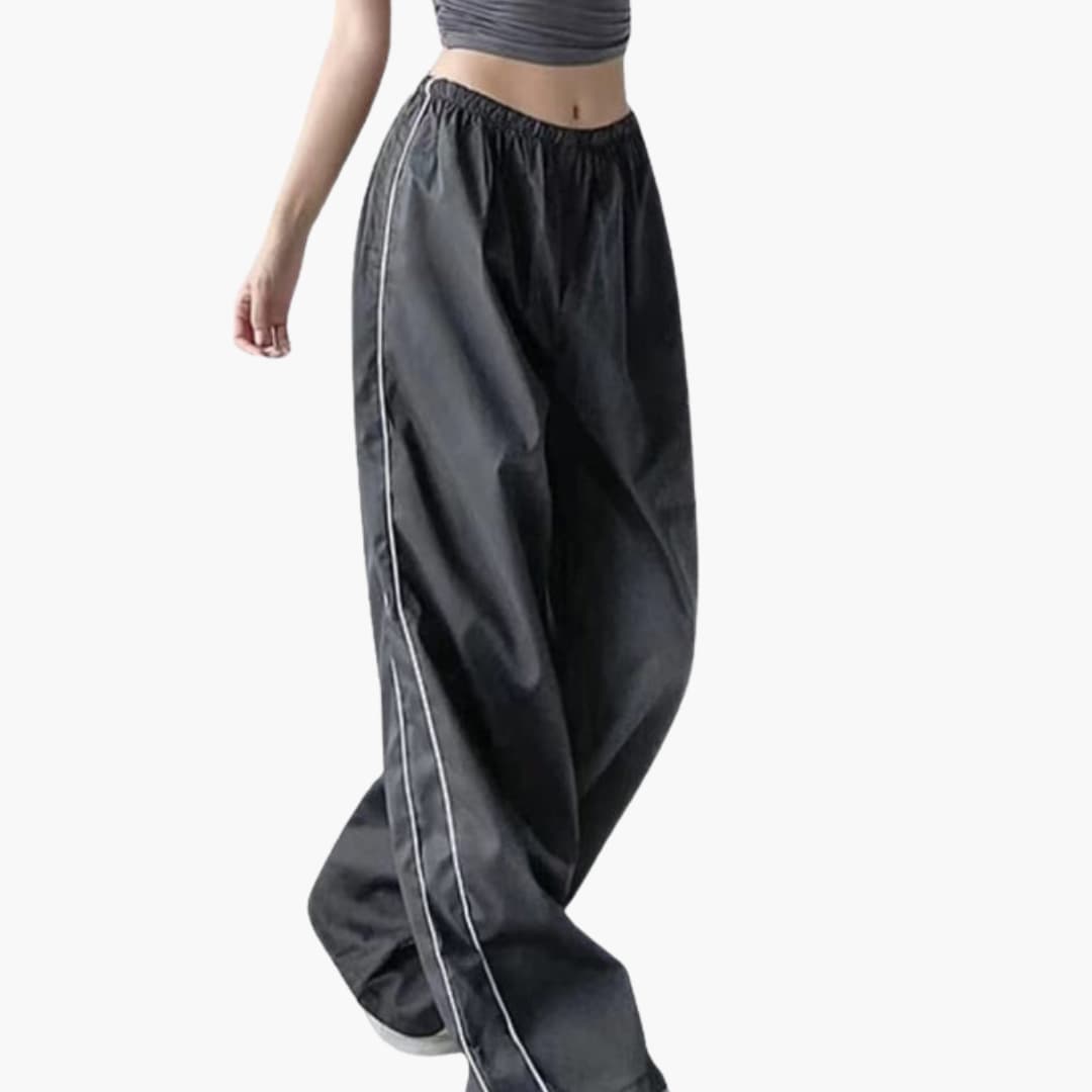 Pantalon palazzo femme avec taille élastique et surpiqûres contrastées