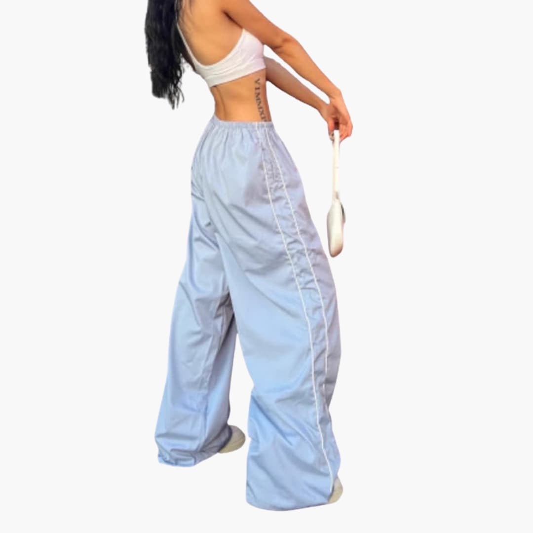 Pantaloni palazzo donna con vita elastica e impunture a contrasto