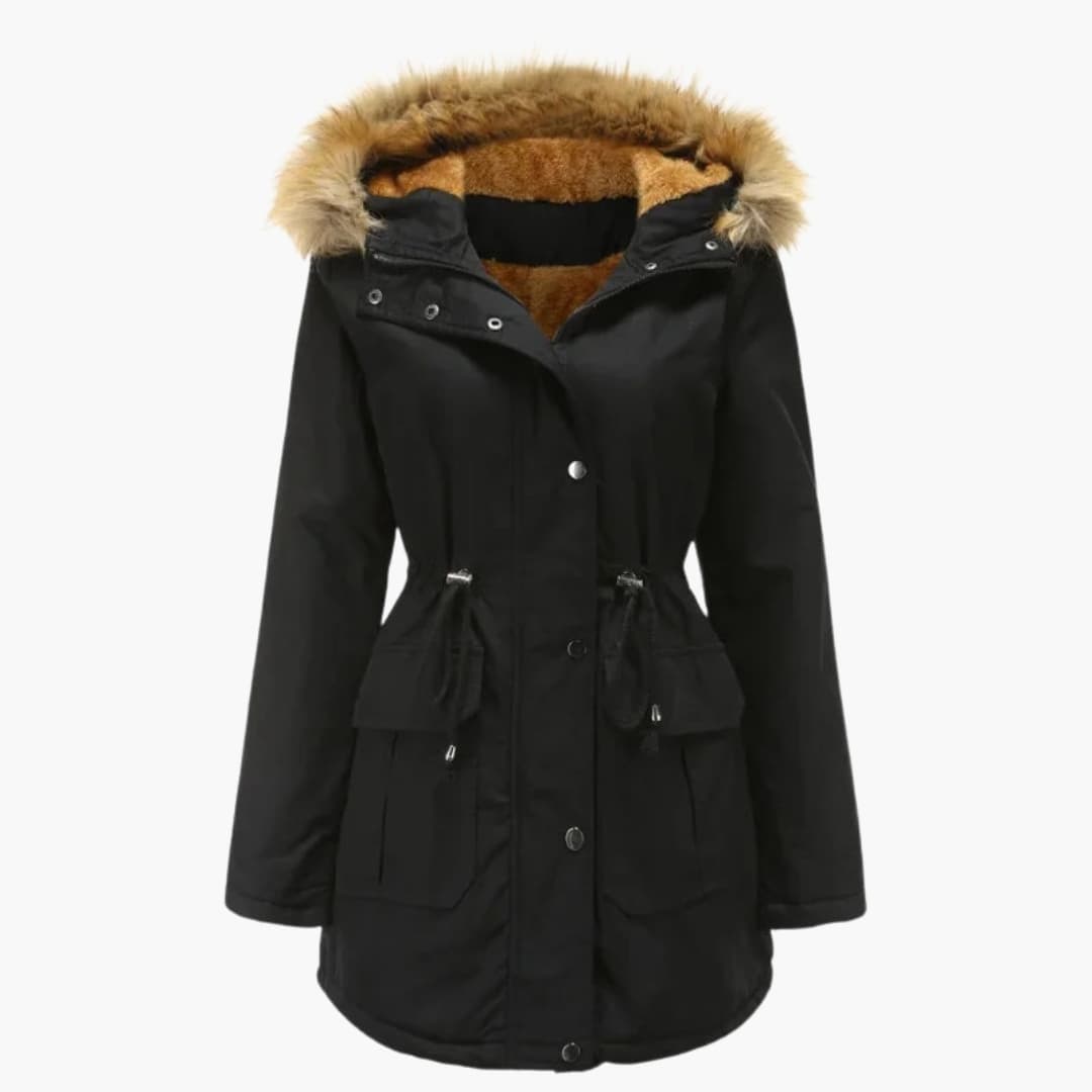 Parka femme avec capuche en fausse fourrure et taille à cordon ajustable