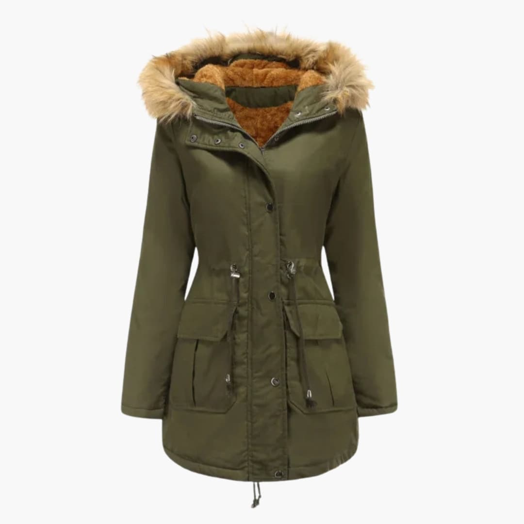 Parka femme avec capuche en fausse fourrure et taille à cordon ajustable