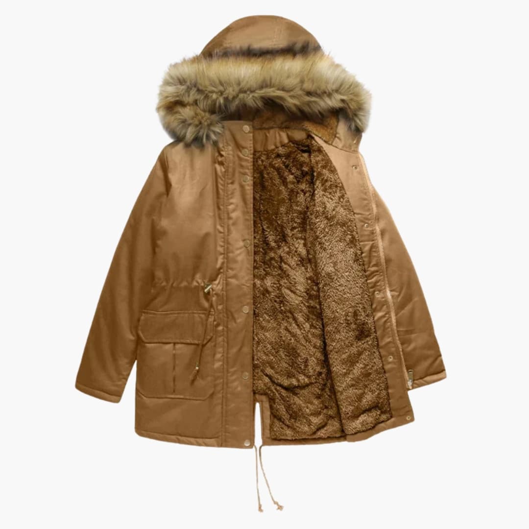 Parka femme avec capuche en fausse fourrure et taille à cordon ajustable